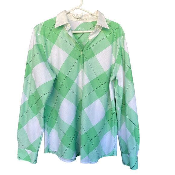 Foxcroft Womens Button Up Shirt Large Diamond Print St Pattys Collared Office - Picture 1 of 9